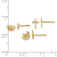 14K Polished CZ Moon Cross and Crown Post Earring Set