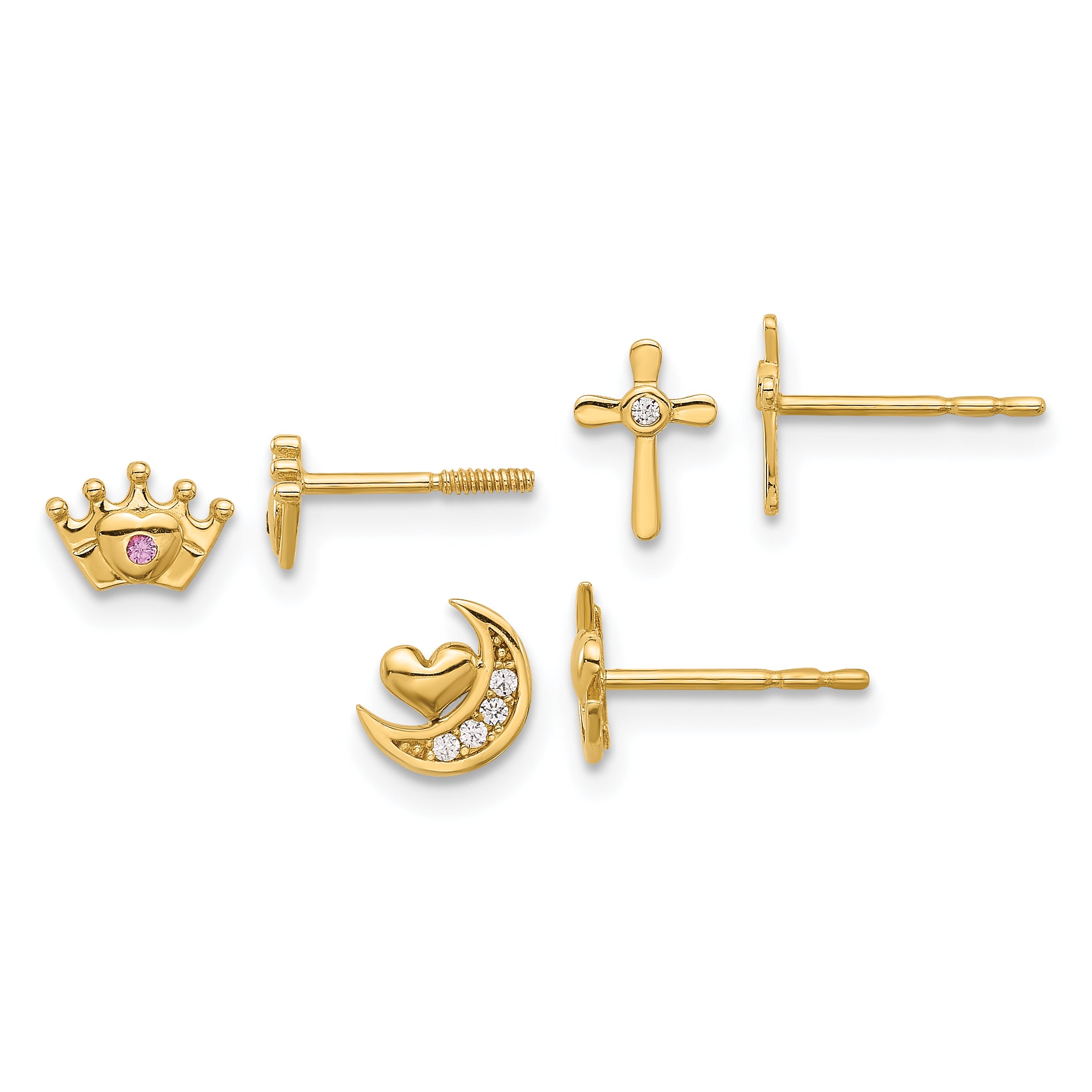 14K Polished CZ Moon Cross and Crown Post Earring Set