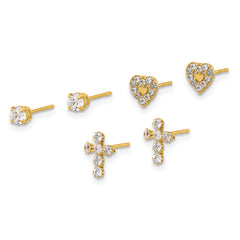 14K Polished CZ Cross Heart and Stud Post Earring Set