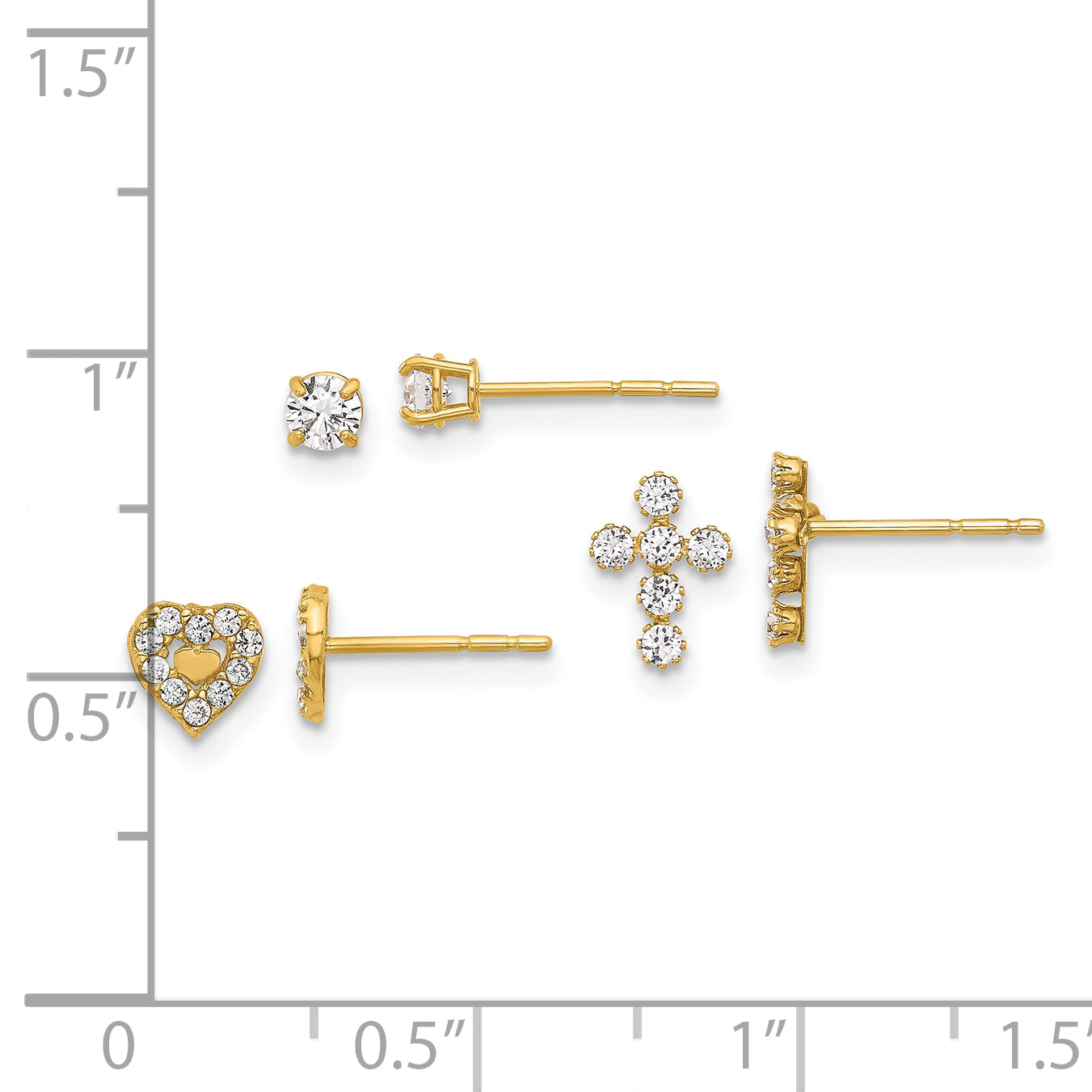 14K Polished CZ Cross Heart and Stud Post Earring Set