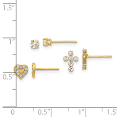 14K Polished CZ Cross Heart and Stud Post Earring Set