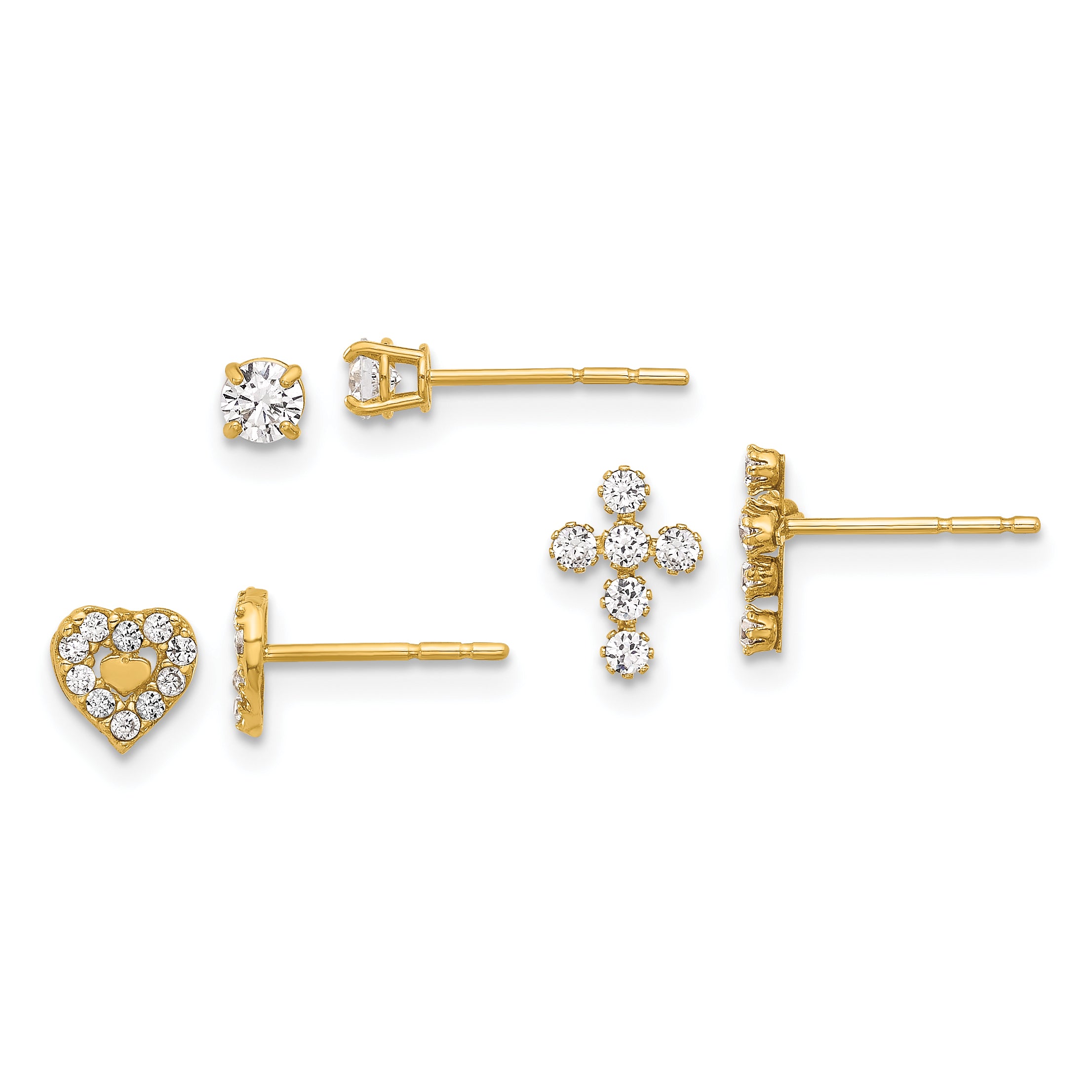 14K Polished CZ Cross Heart and Stud Post Earring Set