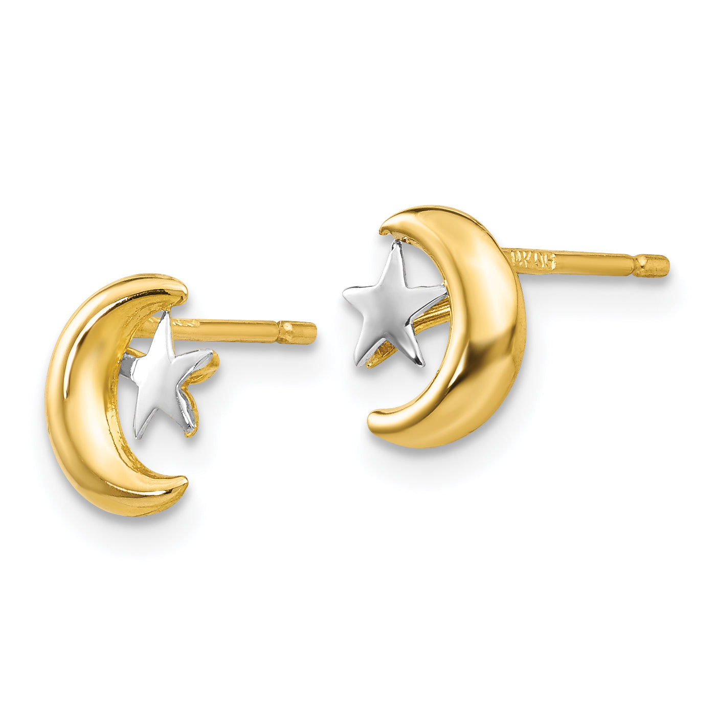 14k Polished & Rhodium Moon & Star Post Earrings