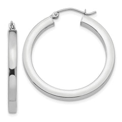 14k White Gold 3mm Polished Square Tube Hoop Earrings