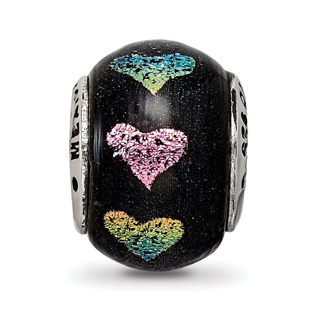 Sterling Silver 925 Dichroic Glass Bead with Pink/Purple Hearts Elegant & Polished Charm