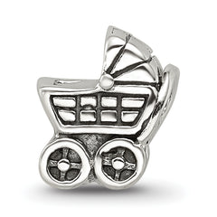 Sterling Silver 925 Baby Carriage Bead with Antiqued Finish Solid Charm