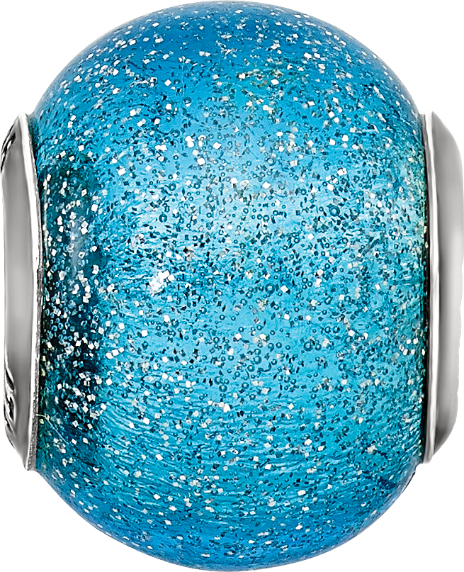 Sterling Silver 925 Light Blue Glass Bead with Silver Glitter, Polished Finish