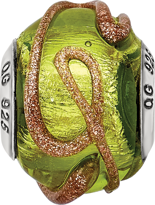 Sterling Silver 925 Glass Bead with Textured Light Green Design - Polished Finish