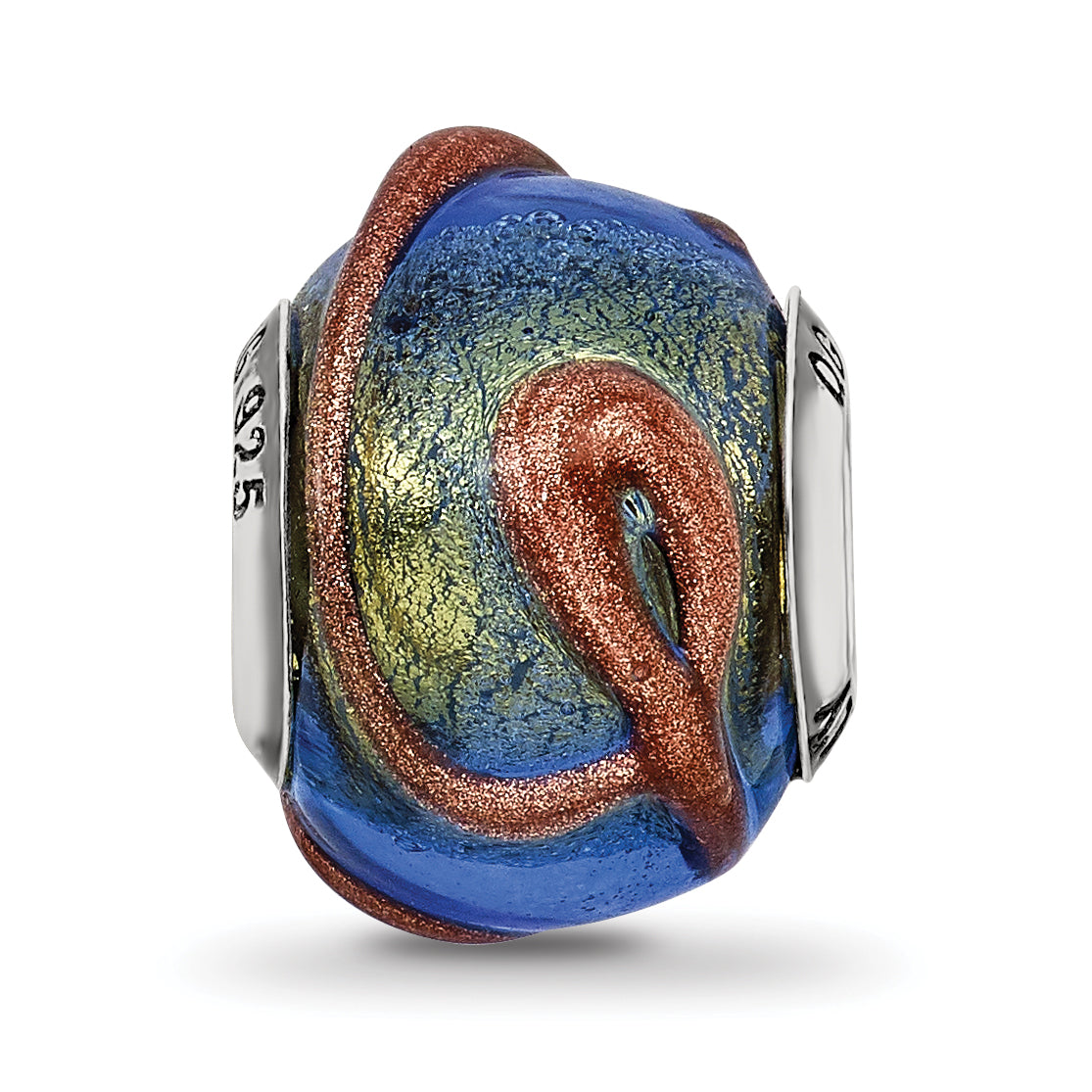 Sterling Silver 925 Polished Bead with Blue/Green Textured Glass